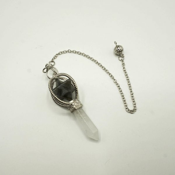PENDOLO MERKABA LABRADORITE E  PUNTA QUARZO IALINO