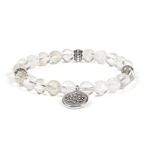 BRACCIALE IN PERLE DI QUARZO IALINO+FIOR DI LOTO