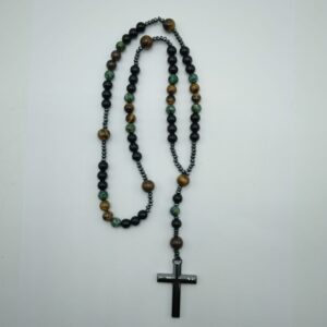 COLLANA-ROSARIO CON OSSIDIANA E OCCHIO DI TIGRE